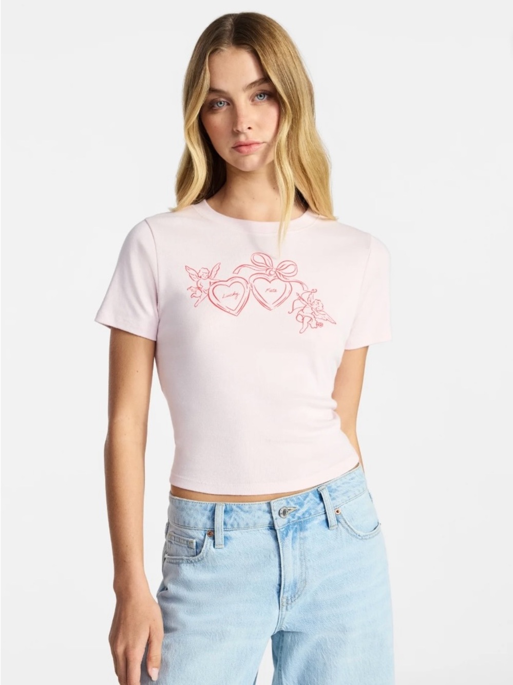 No Boundaries Light Pink Short Sleeve Tee with Heart Graphics